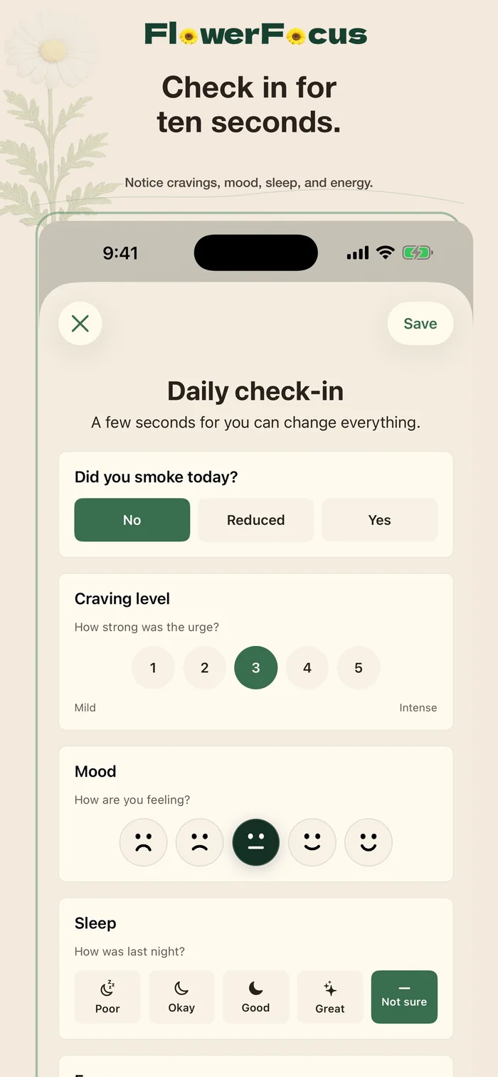 Flower Focus daily check-in with craving, mood, sleep, and energy fields