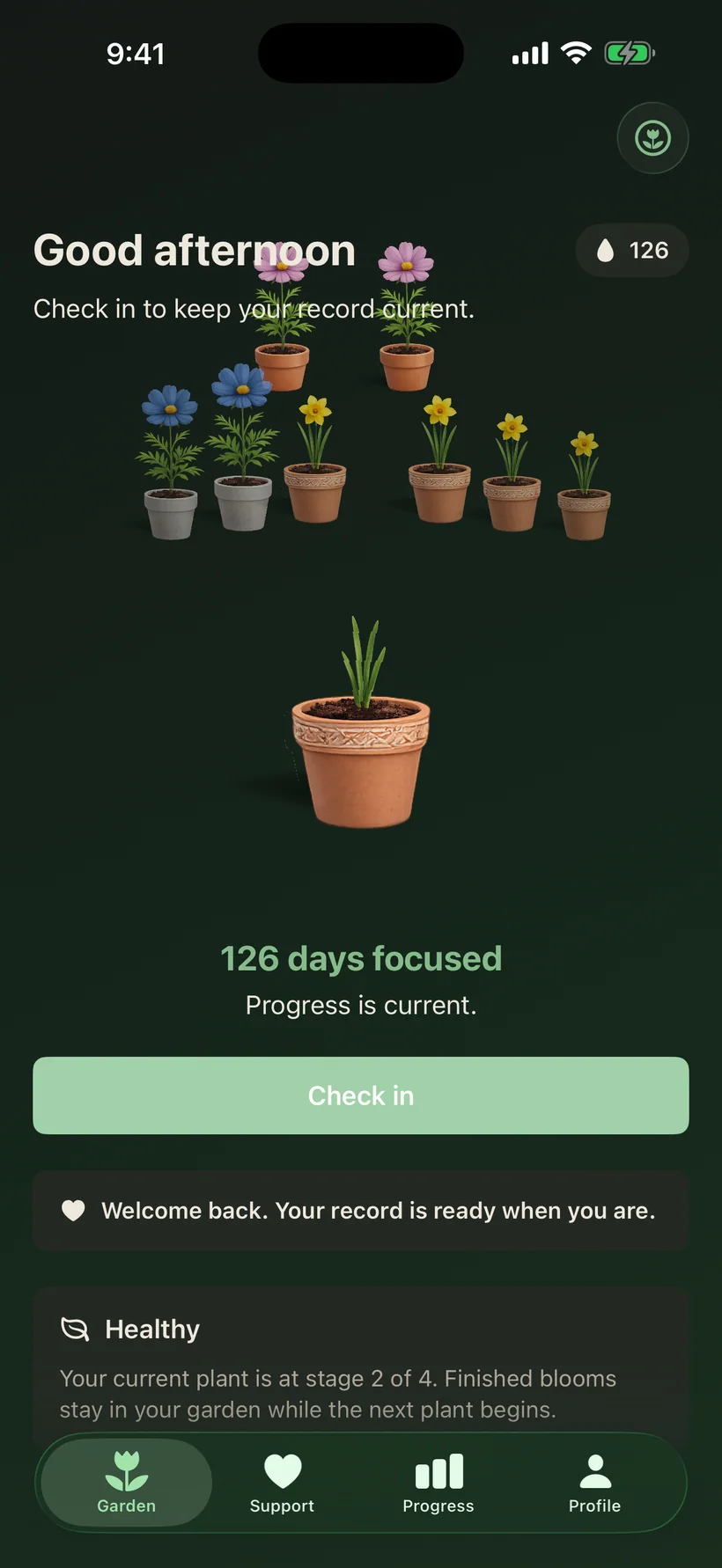 Flower Focus garden showing completed flowers and daily progress