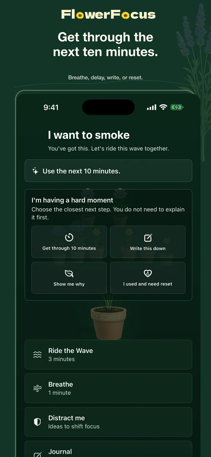 Flower Focus support screen with hard-moment options and immediate tools